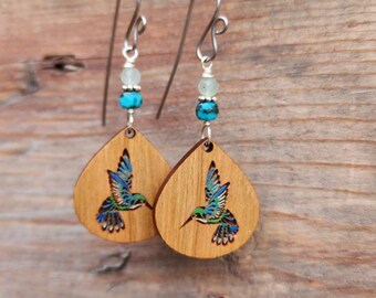 Mexican Violetear Hummingbird earrings wood
