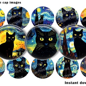 Noite estrelada BCI - Gato preto BCI - Imagens de noite estrelada - Imagens de gato preto - Halloween BCI - Imagens de Halloween - Imagens de tampa de garrafa - 1 polegada