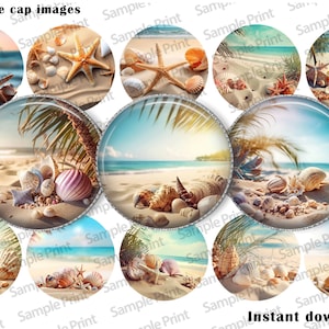 May include: Ten 1-inch round bottle cap images featuring a beach scene with seashells, starfish, and palm trees. The images are perfect for crafting and decorating.