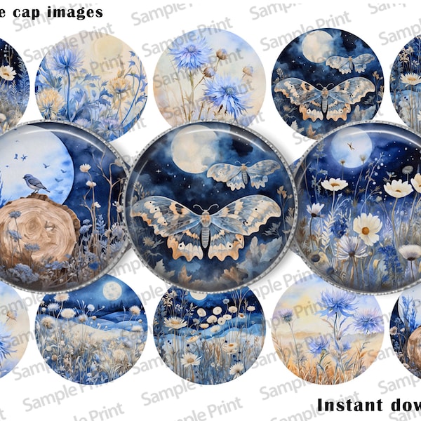 Night images - Night BCI - Moon images - Moon BCI - Moth images - Moth BCI - Bottle cap images - 25mm cabochons - 1 inch circles - Crafting