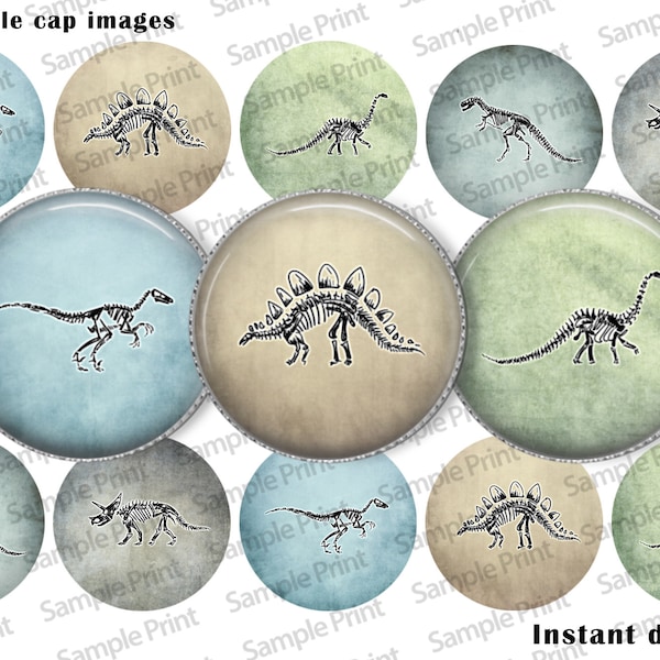 Dinosaur images - Dinosaur BCI - 25mm cabochons - 1 inch circles - 4x6 digital sheet - Printable download - Dino bones - Digital image sheet