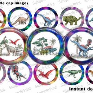 May include: Twelve 1-inch round bottle cap images featuring different dinosaurs in colorful, psychedelic frames. The dinosaurs are depicted in a cartoon style with vibrant colors.