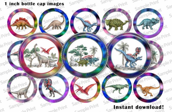 Dinosaur images - Dinosaur BCI - Bottle cap images - 25mm cabochons - 1 inch circles - Pterosaur images - T-rex images - Stegosaurus BCI