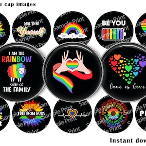 Op de afbeelding: Twaalf ronde flesdop afbeeldingen van 2,5 cm met verschillende ontwerpen met regenboogkleuren, harten en tekst. De ontwerpen omvatten "Love is Love", "I am the Rainbow", "Dare to be Yourself", "Free Mom Hugs", "Be You", "Pride" en "Let's Get One Thing Straight, I'm Not".
