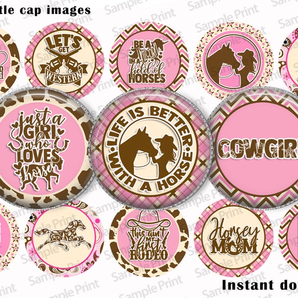 Cowgirl BCI - Cowgirl images - Horse images - Horse BCI - Bottle cap images - Print at home - Cabochon sheet - Image sheet - Circle images