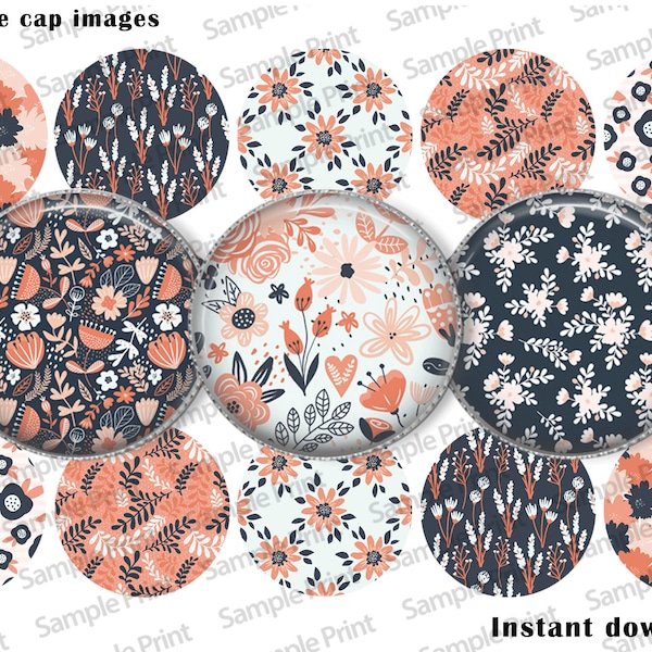 Floral images - Floral BCI - Blue and pink - Flower images - Flower BCI - Bottle cap images - 25mm cabochons - 1 inch circles - Instant