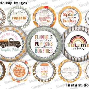 Puede incluir: Doce imágenes redondas de tapas de botellas de 1 pulgada con temas de otoño. Las imágenes presentan varios diseños que incluyen calabazas, hojas de otoño, un camión y texto como "Farm Fresh Autumn Harvest", "Flannels Hayrides Pumpkins Sweaters Bonfires" y "It's Fall Y'all".