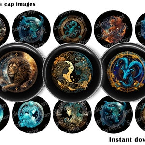 Zodiac BCI - Zodiac images - Bottle cap images - 25mm cabochons - 1 inch circles - Leo images - Taurus images - Pisces images - Aquarius BCI