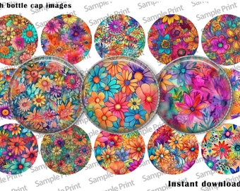 Flower BCI - Floral images - Hippie flower - Floral BCI - Bottle cap images - 25mm cabochons - 1 inch circles - Digital download - Crafting