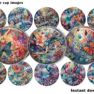 May include: A collection of 1-inch bottle cap images featuring colorful butterfly designs. The artwork includes butterflies, flowers, and swirling patterns in shades of blue, orange, and purple. The text "Sample Print" is visible on some images.