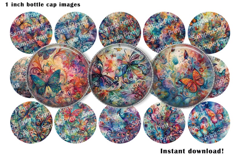 May include: A collection of 1-inch bottle cap images featuring colorful butterfly designs. The artwork includes butterflies, flowers, and swirling patterns in shades of blue, orange, and purple. The text "Sample Print" is visible on some images.