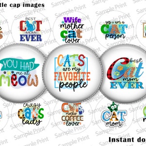 Katzenbild Bogen – Katzenmama BCI – Flaschenverschlussbilder – 25mm Cabochons – 1 Zoll Kreise – Digitales Bild Bogen – Crazy Cat Lady – Beste Katzenmama