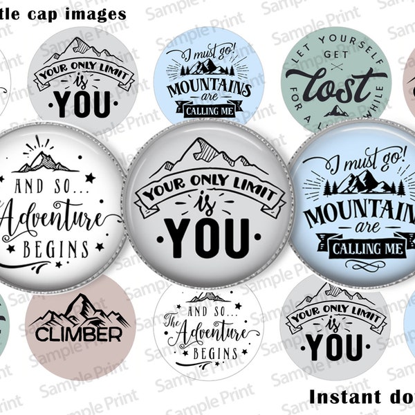 Hiking images - Bottle cap images - 1 inch images - 4x6 sheet - Climber images - Mountain images - Adventure begins - Craft supply - Digital