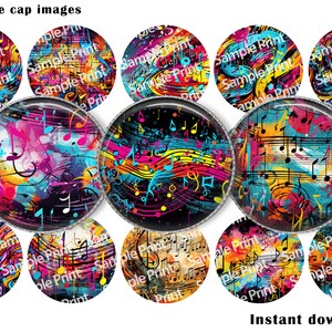 May include: A collection of 1-inch bottle cap images with vibrant abstract designs. Each cap features a unique blend of colors, including pink, blue, yellow, and black, with musical notes and swirls. The text "Sample Print" is visible on some caps.