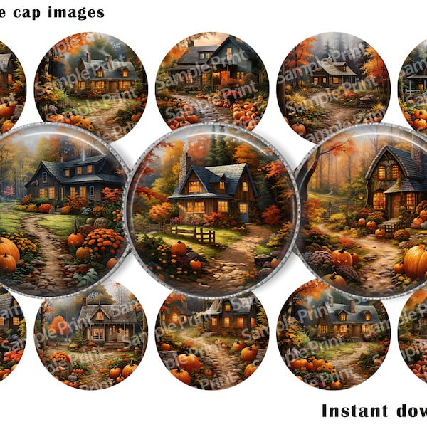 Cottage core BCI - Cottage Core images - Autumn cabin - Halloween images - Fall images - 25mm cabochons - Bottle cap images - 1 inch circles