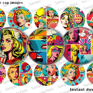 May include: Twelve 1-inch round bottle cap images featuring a pop art style design with colorful geometric shapes, bold lines, and images of women with exaggerated features. The images include text like "POW!" and "WOW!"