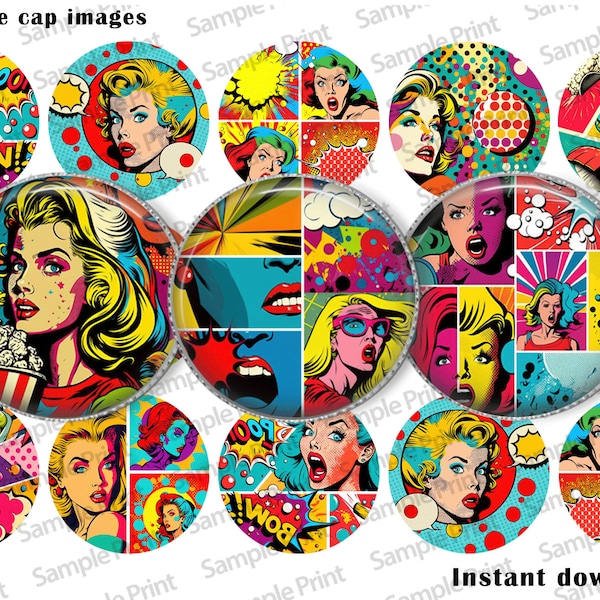 Pop art BCI - Pop art images - Comic images - Comic BCI - Bottle cap images - 25mm cabochons - 1 inch circles - Printable art - Digital art