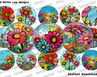 Pop flower BCI - Pop flower images - Pop images - Pop art BCI - Bottle cap images - Floral images - Garden images - 1 inch circles - 25mm