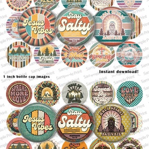 May include: A set of 16 round, 1 inch bottle cap images with various designs and sayings. The designs are in a retro style with bright colors and bold text. Some of the sayings include "Spread More Love", "Faith Can Move Mountains", "Walk By Faith", "Saved By Grace", "Love Like Jesus", "Jesus Vibes", "Stay Salty", "Holy Spirit Activate", "God Is Good", "Faith Over Fear", "All I Need Is Jesus", "King Of Peace", "By Faith Not By Sight", and "Live By Faith Not By Sight".