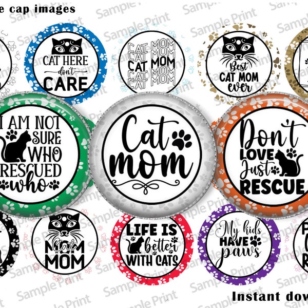 Cat mom images - Cat mom BCI - Bottle cap images - 25mm cabochons - 1 inch circles - I love cats - Rescue images - Rescue cats - Printable