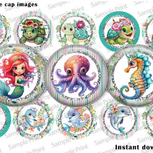 May include: A collection of 1-inch bottle cap images featuring aquatic creatures. Designs include turtles, a mermaid, an octopus, a seahorse, and dolphins, all with floral accents and a glittery border. The text "Instant download!" is visible.