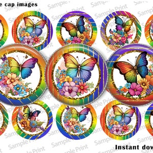 Puede incluir: Doce imágenes redondas de tapas de botellas de 1 pulgada con mariposas coloridas con alas de arcoíris y diseños florales. Las imágenes tienen un borde de purpurina dorada y un fondo a rayas de arcoíris.