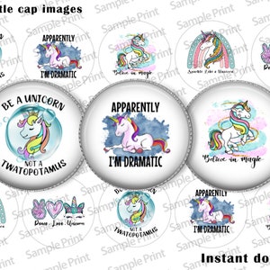 Unicorn images - Unicorn BCI - Adult images - Adult unicorn BCI - 25mm cabochons - 1 inch circles - Bottle cap images - Drama queen - Crafts