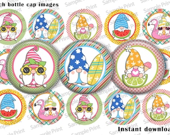 Summer gnome - Summer BCI - Gnome BCI - Summer gnomes - Bottle cap images - 1 inch circles - Circle cabochons - 1 inch images - Digitals