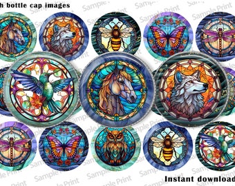 Stained glass BCI - Animal images - Bottle cap images - 25mm cabochons - 1 inch circles - Digital image sheet - Instant download - Honey bee