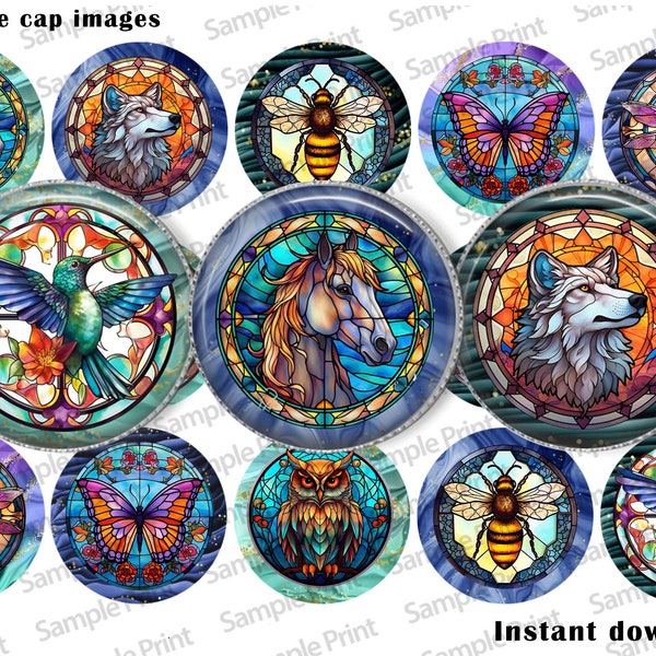 Stained glass BCI - Animal images - Bottle cap images - 25mm cabochons - 1 inch circles - Digital image sheet - Instant download - Honey bee