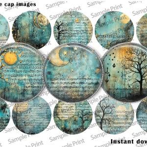 May include: A collection of 1-inch bottle cap images with a celestial theme. Each circular image features a teal and gold color palette with moons, stars, trees, and musical notes. The text "Instant download!" is visible.