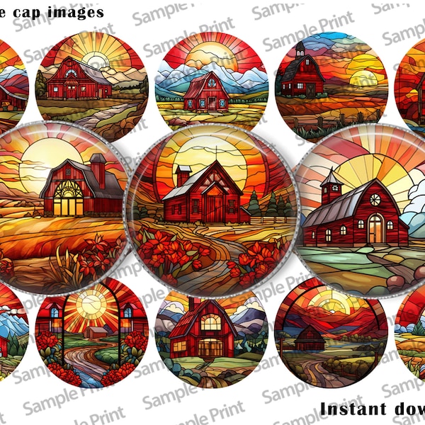 Barn images - Barn BCI - Red barn - Farm images - Farm BCI - Bottle cap images - 25mm cabochons - 1 inch circles - Stained glass - Crafting