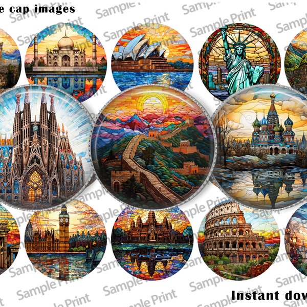 Landmark images - Landmark BCI - World wonder images - Bottle cap images - 25mm cabochons - 1 inch circles - Pyramid images - Liberty BCI