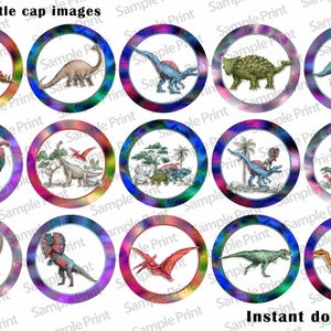 May include: Twelve 1 inch round printable bottle cap images featuring different dinosaurs in a watercolor style with a colorful background. The dinosaurs are illustrated in a vintage style with a white background. The images are perfect for creating personalized bottle caps for party favors or gifts.