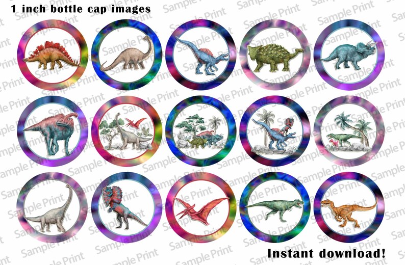 May include: Twelve 1 inch round printable bottle cap images featuring different dinosaurs in a watercolor style with a colorful background. The dinosaurs are illustrated in a vintage style with a white background. The images are perfect for creating personalized bottle caps for party favors or gifts.