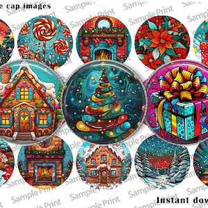 Op de afbeelding: Een verzameling van 2,5 cm flesdopafbeeldingen met diverse kerstthema's. De afbeeldingen tonen een peperkoekhuisje, kerstboom, cadeaus en winterlandschappen. De tekst "Instant download!" is zichtbaar.