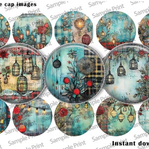 May include: Twelve 1 inch round bottle cap images featuring a winter holiday theme. The images feature a blue and green background with red accents, and include images of birds in cages, lights, and plaid patterns.
