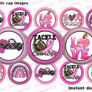 May include: Twelve 1-inch pink and white bottle cap images with various designs related to breast cancer awareness. The designs include a truck with pink ribbons, a football with pink ribbons, a pumpkin with pink ribbons, a rainbow with pink ribbons, and the words "Tackle Cancer", "Love", and "Peace & Love & Cure".