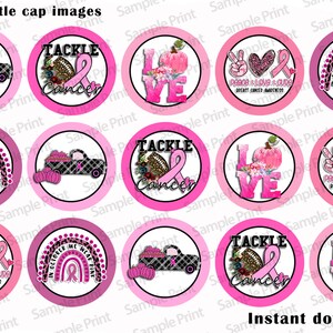 May include: Twelve 1 inch round pink and white bottle cap images with various designs related to breast cancer awareness. The designs include a truck with pumpkins, a rainbow with a pink ribbon, a peace sign with a pink ribbon, a football with a pink ribbon, and a pumpkin with the word "LOVE".