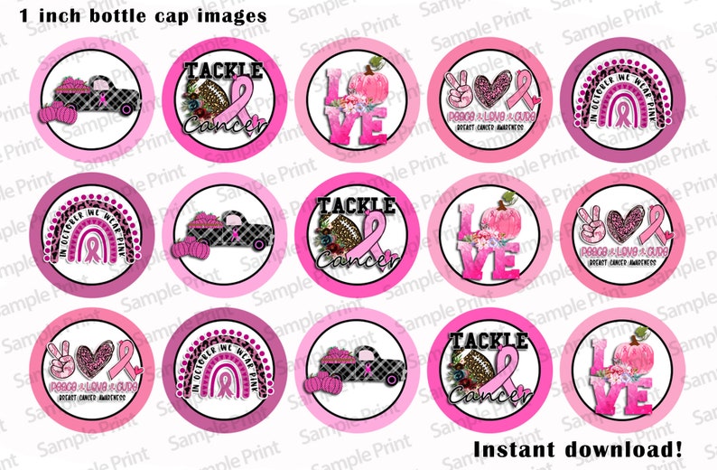 May include: Twelve 1 inch round pink and white bottle cap images with various designs related to breast cancer awareness. The designs include a truck with pumpkins, a rainbow with a pink ribbon, a peace sign with a pink ribbon, a football with a pink ribbon, and a pumpkin with the word "LOVE".