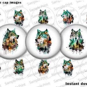 May include: Nine 1-inch round bottle cap images featuring a watercolour illustration of a wolf's head with a forest scene inside. The wolf's fur is grey and white, and the forest scene is a mix of green, brown, and blue.