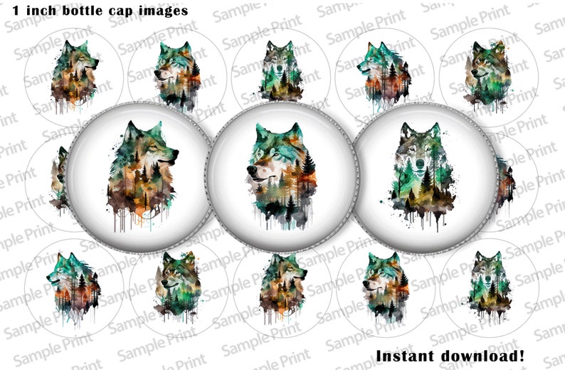 May include: Nine 1-inch round bottle cap images featuring a watercolour illustration of a wolf's head with a forest scene inside. The wolf's fur is grey and white, and the forest scene is a mix of green, brown, and blue.