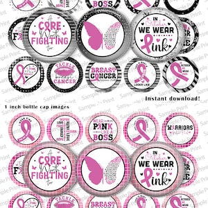 Può includere: Una collezione di immagini di tappi di bottiglia da 1 pollice con disegni di nastri rosa e testo. I disegni includono frasi come "Wear Pink", "A Core Worth Fighting For" e "In October We Wear Pink". Le immagini sono per la sensibilizzazione al cancro al seno.