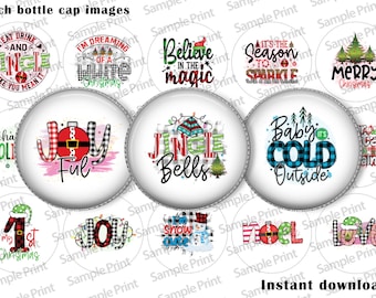 May include: A collection of 1-inch bottle cap images with festive Christmas designs. The caps feature holiday phrases like "Jingle," "Joyful," and "Baby It's Cold Outside," in various colors and fonts. The image includes the text "Instant download!"