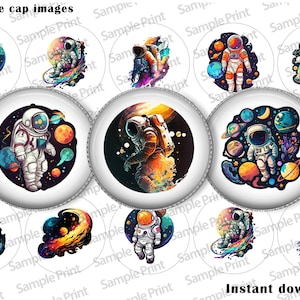 May include: A collection of 1-inch bottle cap images featuring astronauts and space-themed illustrations. The designs include planets, galaxies, and colorful nebulas. The text "Instant download!" is visible.
