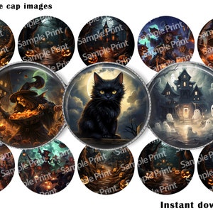 May include: Twelve 1-inch round bottle cap images featuring Halloween themes. The images include a black cat, a witch, a haunted house, and pumpkins.