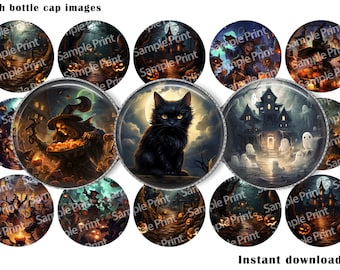 Chat d'Halloween - Images d'Halloween - Halloween BCI - Sorcière d'Halloween - Maison hantée - Champ de citrouille - Images de bouchons de bouteille - Cabochons de 25 mm