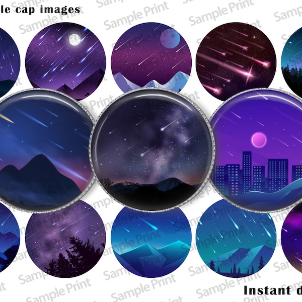 Night sky images - Night sky BCI - Bottle cap images - 25mm cabochons - 1 inch circles - Digital image sheet - Meteor shower - Stars above