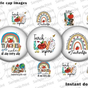 Puede incluir: Diez imágenes redondas imprimibles para tapas de botellas de 2,5 cm de diámetro con diseños de temática docente. Los diseños incluyen arcoíris, manzanas, lápices y las frases "Teach Love Inspire", "Teacher Mom", "Teacher Life" y "Teachers Change the World".