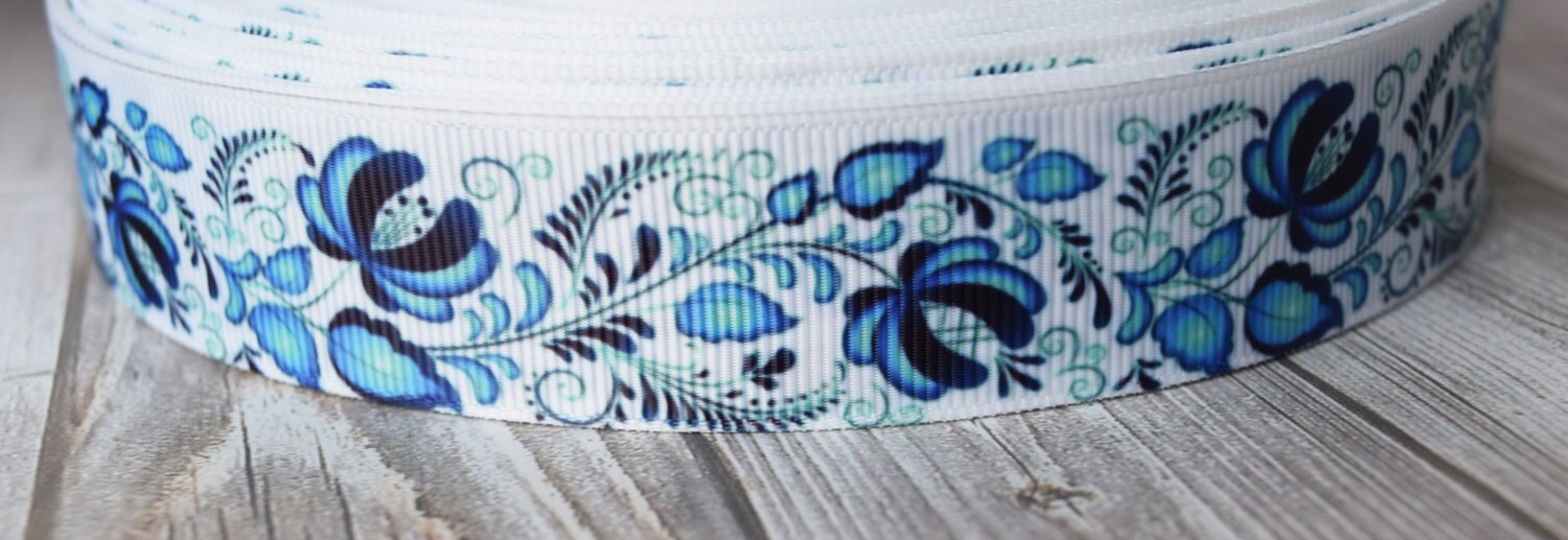 blue flower ribbon Blue and white Unique ribbon Pretty | Etsy